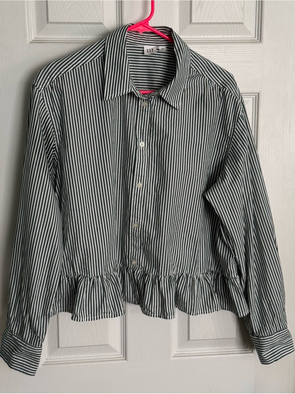 GAP Black and White Striped Ruffle-Hem Button-Down Shirt